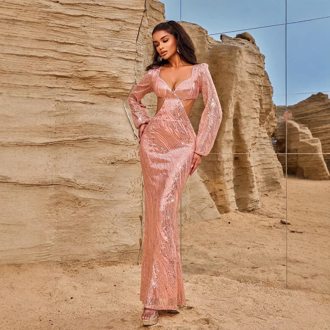 Cross-border women's evening dress long sleeve slim V-neck sexy backless dress long sequin women's dress
