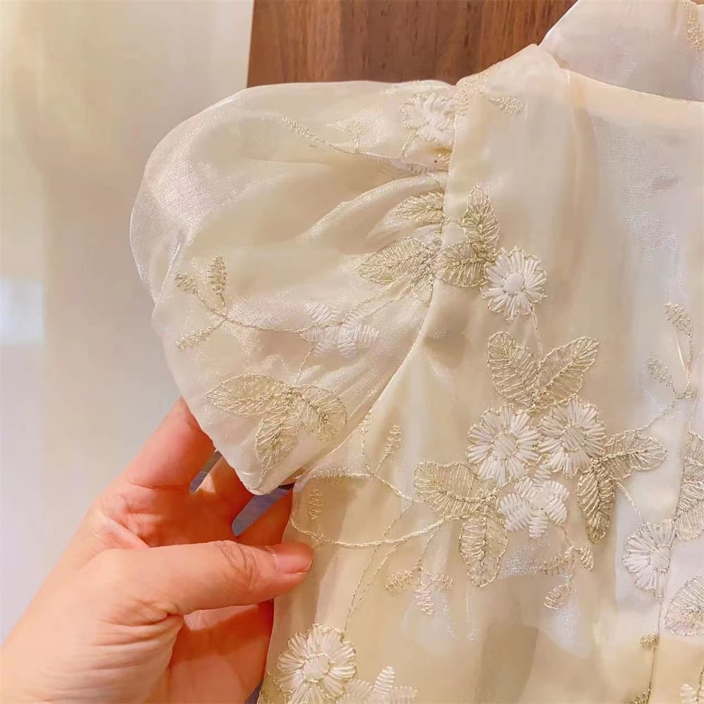 New Girls Chinese Style Cheongsam with Slanted Frog Buttons, Puff Short Sleeves, Floral Embroidery, Fairy Princess Dress, 2026 Summer Ancient Style