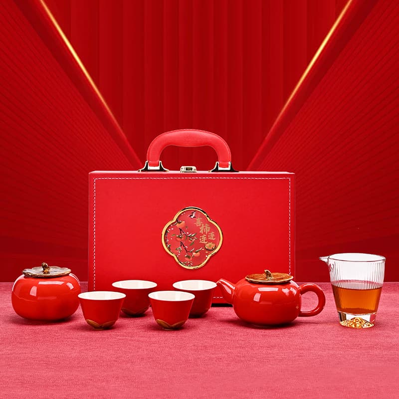 Auspicious Persimmon Tea Set Gift for Weddings and Celebrations, Complete Red Ceramic Souvenir Set for Business Gifting