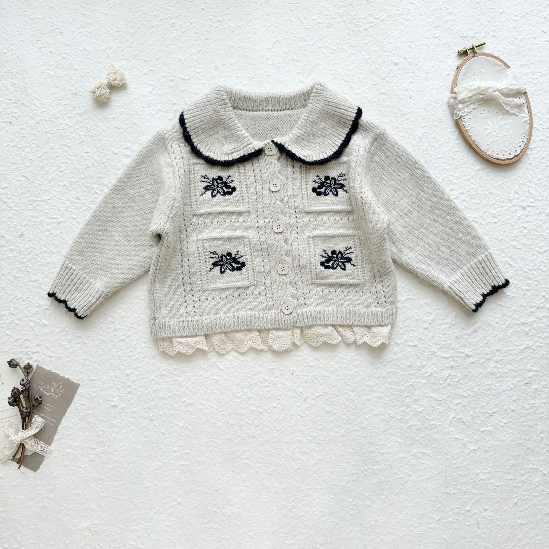 2025 Girls Knitted Cardigan with Embroidery, Turn-down Collar Sweater with Lace Trim, Baby Girl Wool Coat
