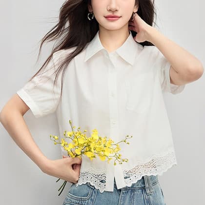 Lace stitching white shirt for women 2025 summer new design short-sleeved shirt and crop top