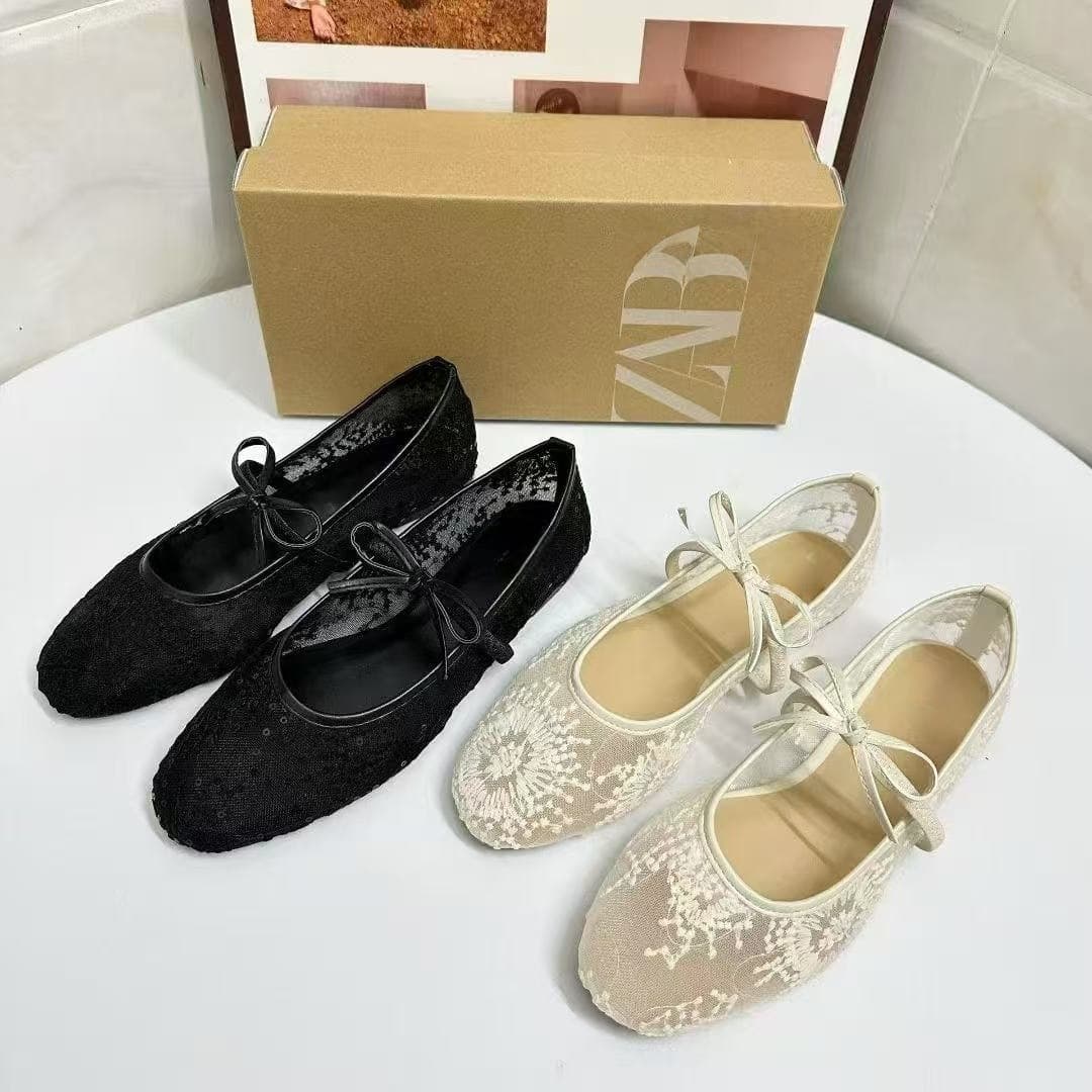 2025 Summer New Women's Shoes Artificial Apricot Embroidered Mesh Ballet Flats Fashion Shallow Mouth Shoes