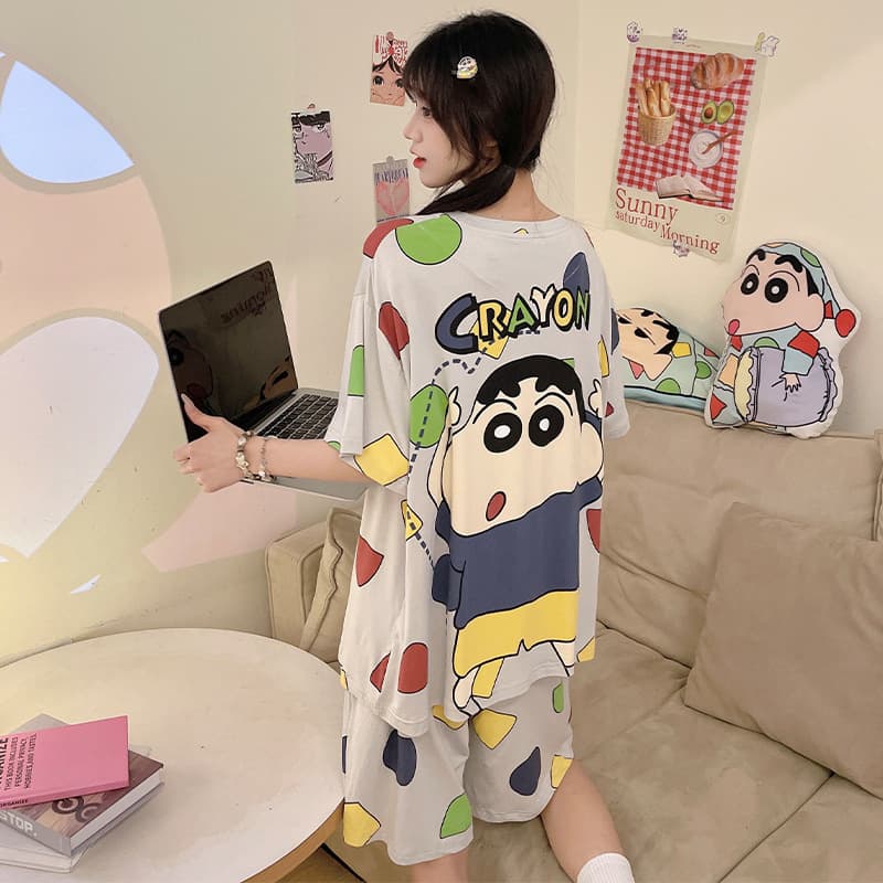Modal Pajamas for Women 2025 New Summer Short Sleeve Thin Plus Size Crayon Shin-chan Cartoon Homewear Set