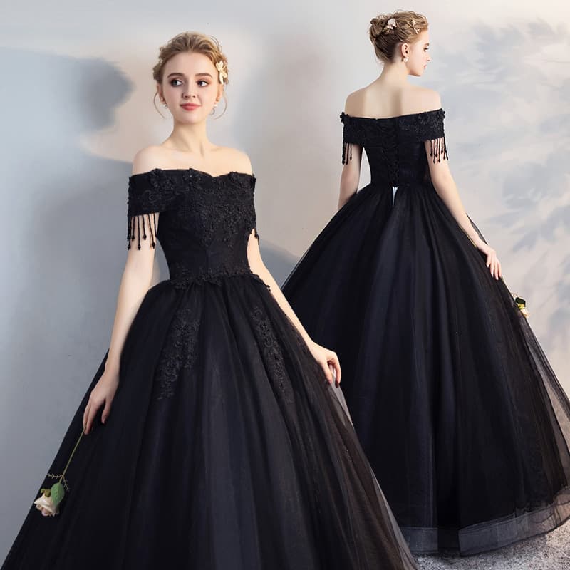 New Black Wedding Host Dress Women Student Performance Costume Art Exam Solo Puffy Long Dress Photo Studio Theme