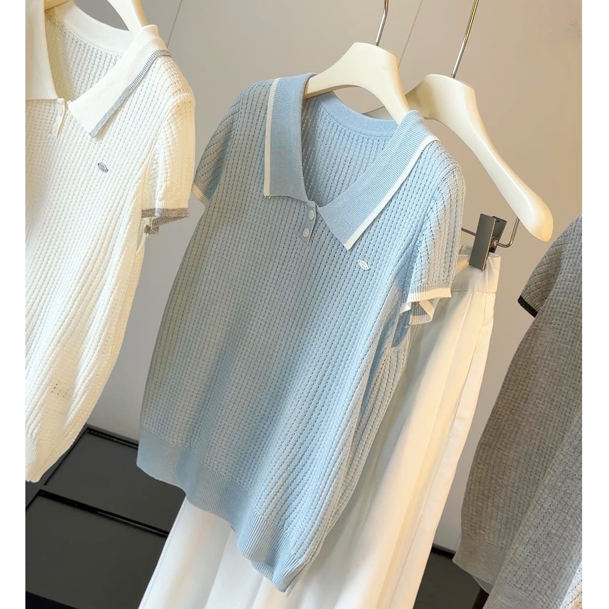 Stylish Lapel Short-Sleeve Knit Top Women Summer New Loose Casual Versatile Slimming Hollow Polo Shirt