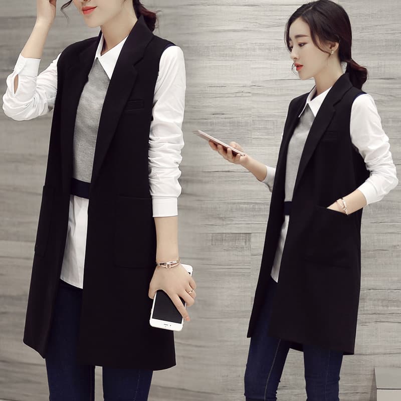 2026 Autumn New Korean Style Sleeveless Slim Vest Vest Spring and Autumn Suit Jacket Mid-Length Vest Women