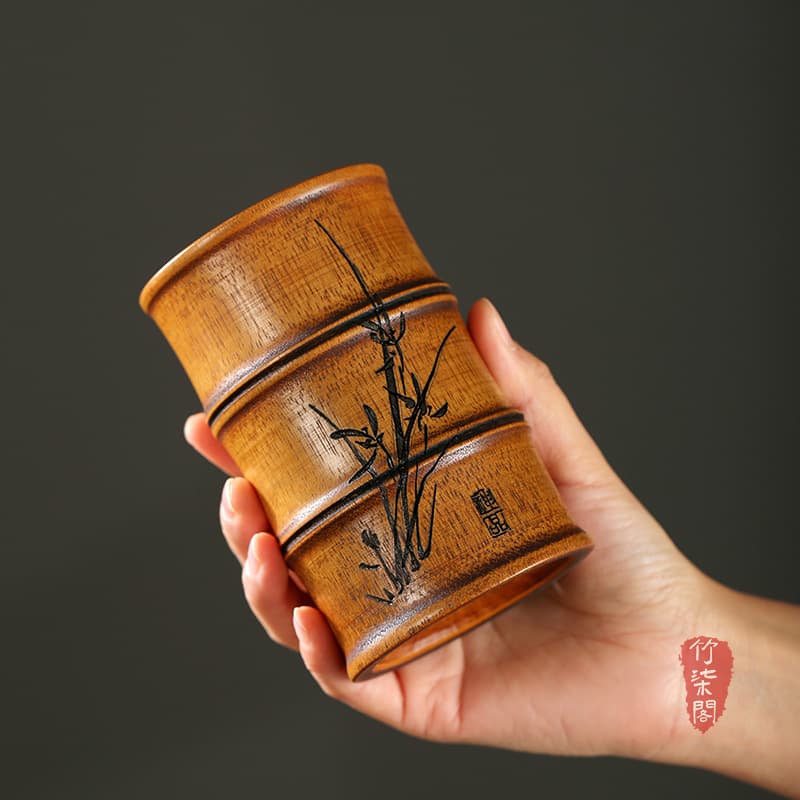 Lacquered Retro Bamboo Weave Six Gentlemen Tea Canister, Tea Accessories Storage Tube/Pen Holder with Tea Scoop and Tools