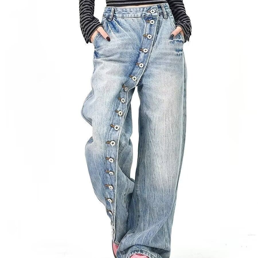 Cross-border Trade American Vintage Washed Button-Fly Straight-Leg Jeans for Women, Designer Niche Loose Wide-Leg Pants