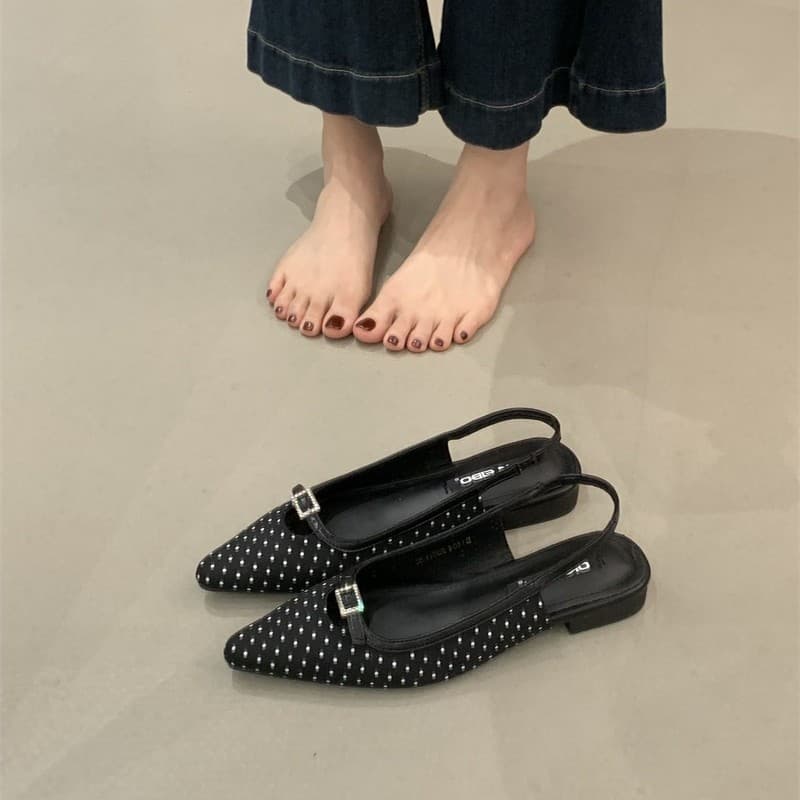 French-Style Elegant Pointed-Toe Bowknot Closed-Toe Sandals for Women, 2026 Summer Commuting Chic Polka Dot Flat Backless Shoes