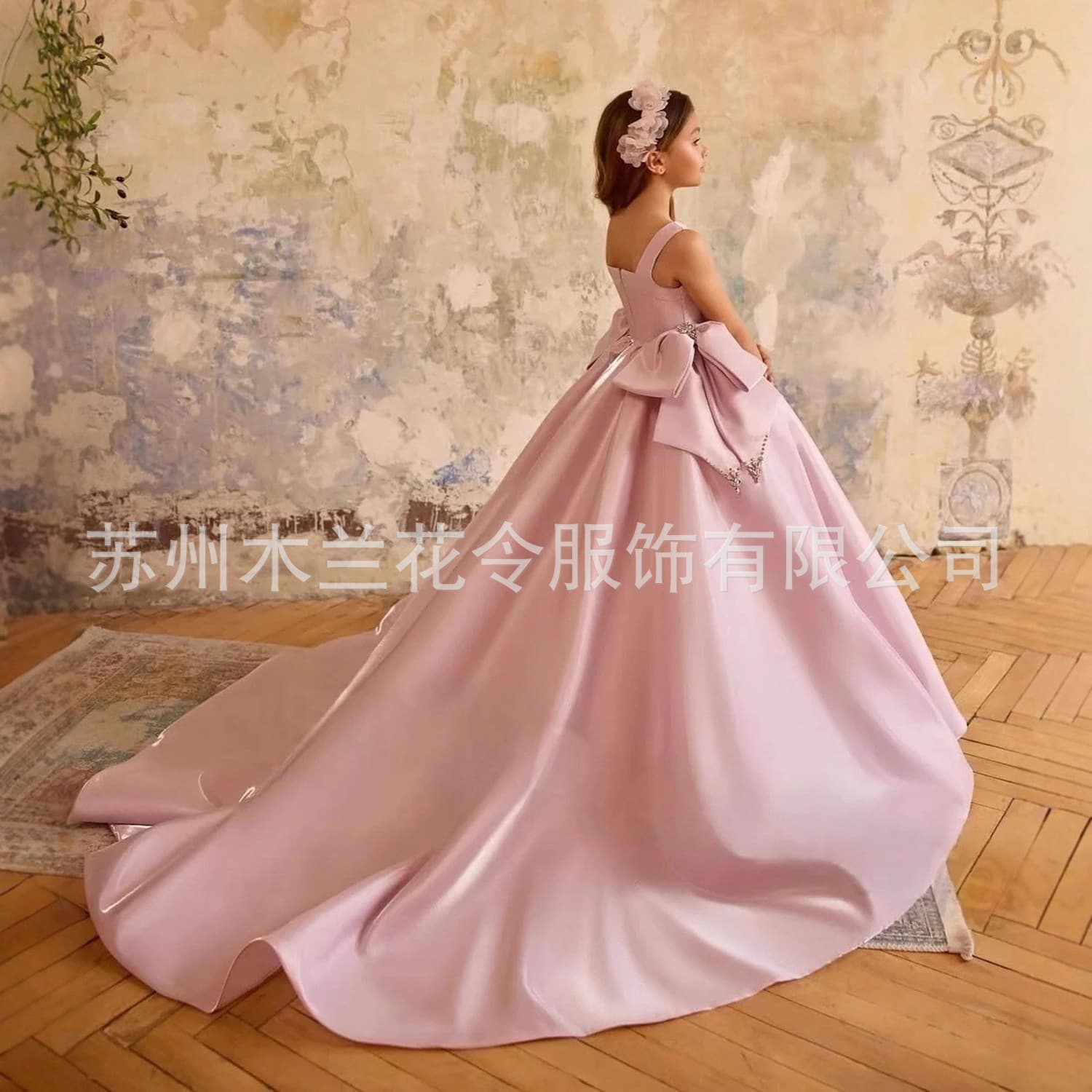 Cross-border Europe and America Satin Fabric Girls Flower Girl Evening Dress with Train Birthday Piano Performance Long Gown HL1046