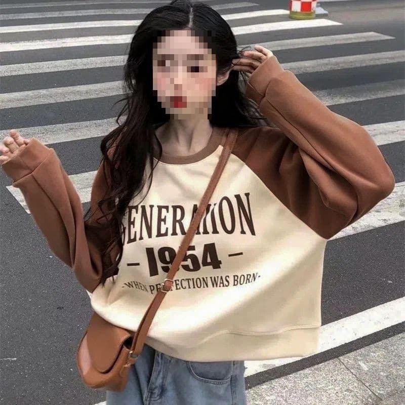Autumn/Winter Fleece Lined New American Color-Blocking Sweatshirt Loose Casual Sweatshirt Versatile T-Shirt Long Sleeve Top Women Trendy