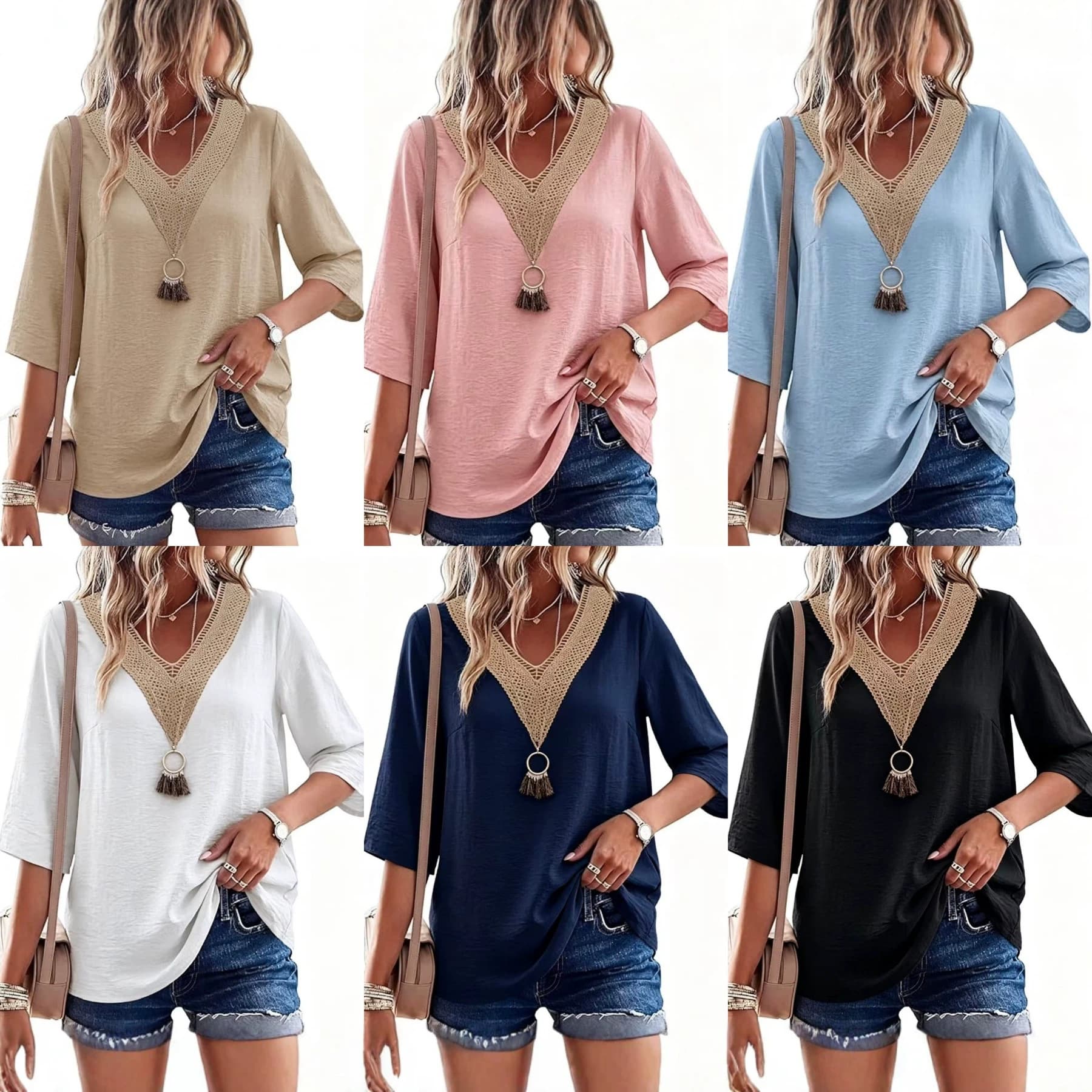 2026 Amazon Independent European and American Cross-Border Solid Color V-Neck Lace Cotton-Linen Three-Quarter Sleeve T-Shirt Top