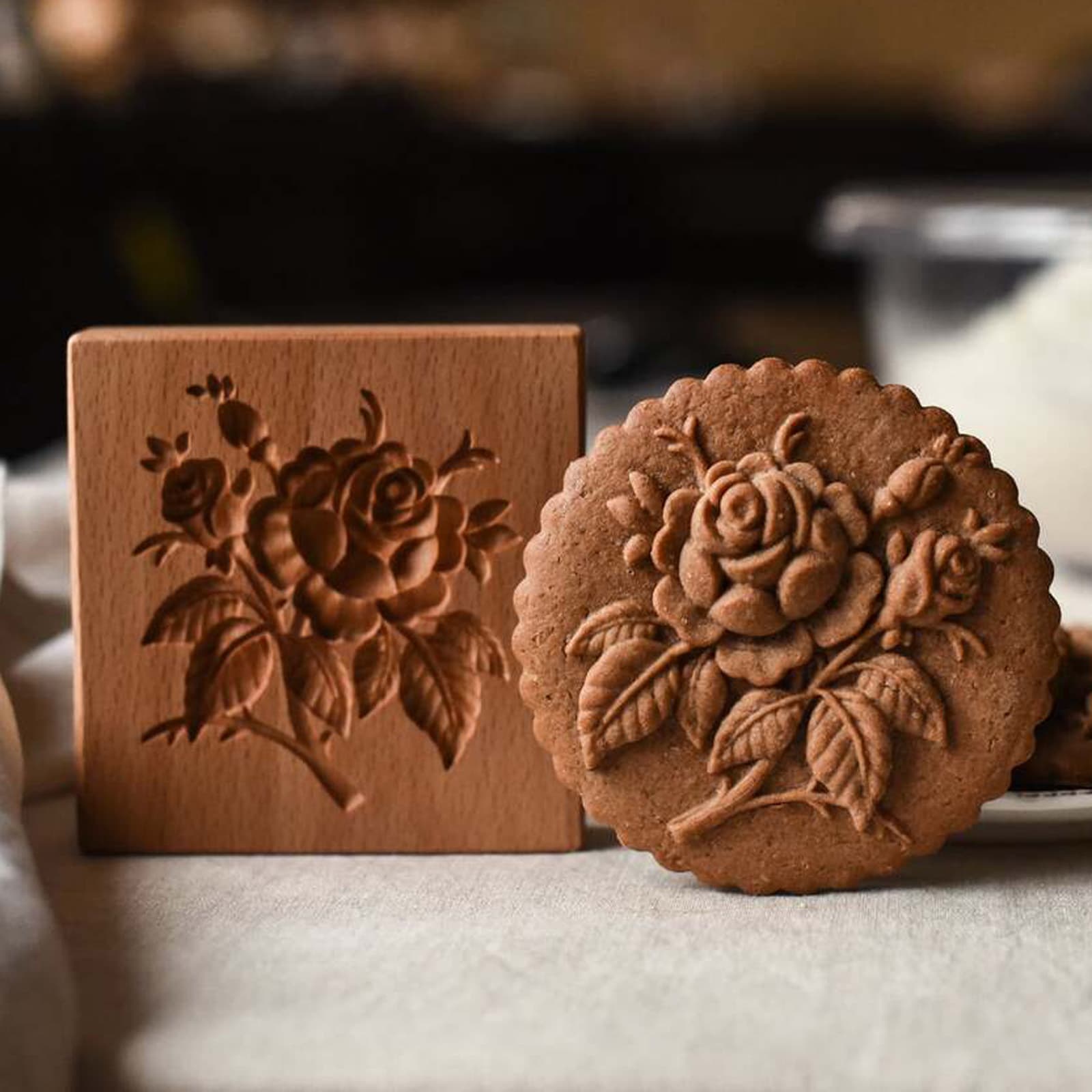 Wooden Cookie Mold Cutter Rose Cookie Mold Embossing Baking Tool