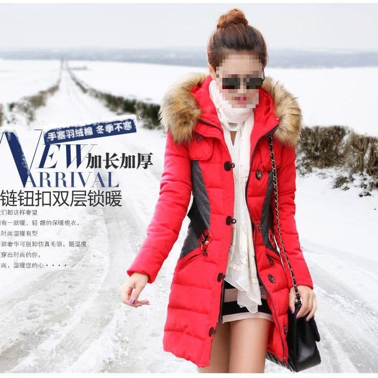 Women's off-season winter cotton coat with large fur collar, mid-length, plus size, color-blocked, slim fit, Korean style.