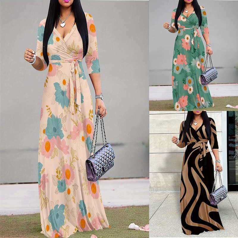 2024 Autumn European and American cross-border Amazon independent station TEMU new women's wave pattern dress lace-up V