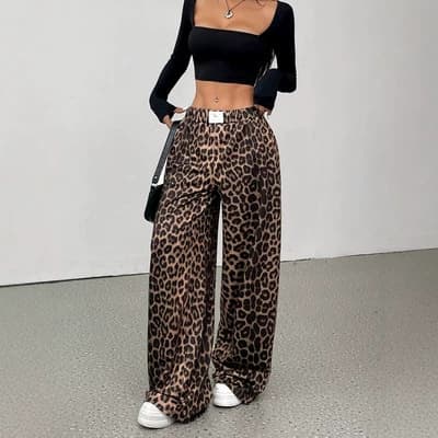 2026 Spring/Autumn Cross-Border Leopard Print Wide-Leg Pants, European and American Loose Fit Versatile Slimming Women's Casual Long Trousers