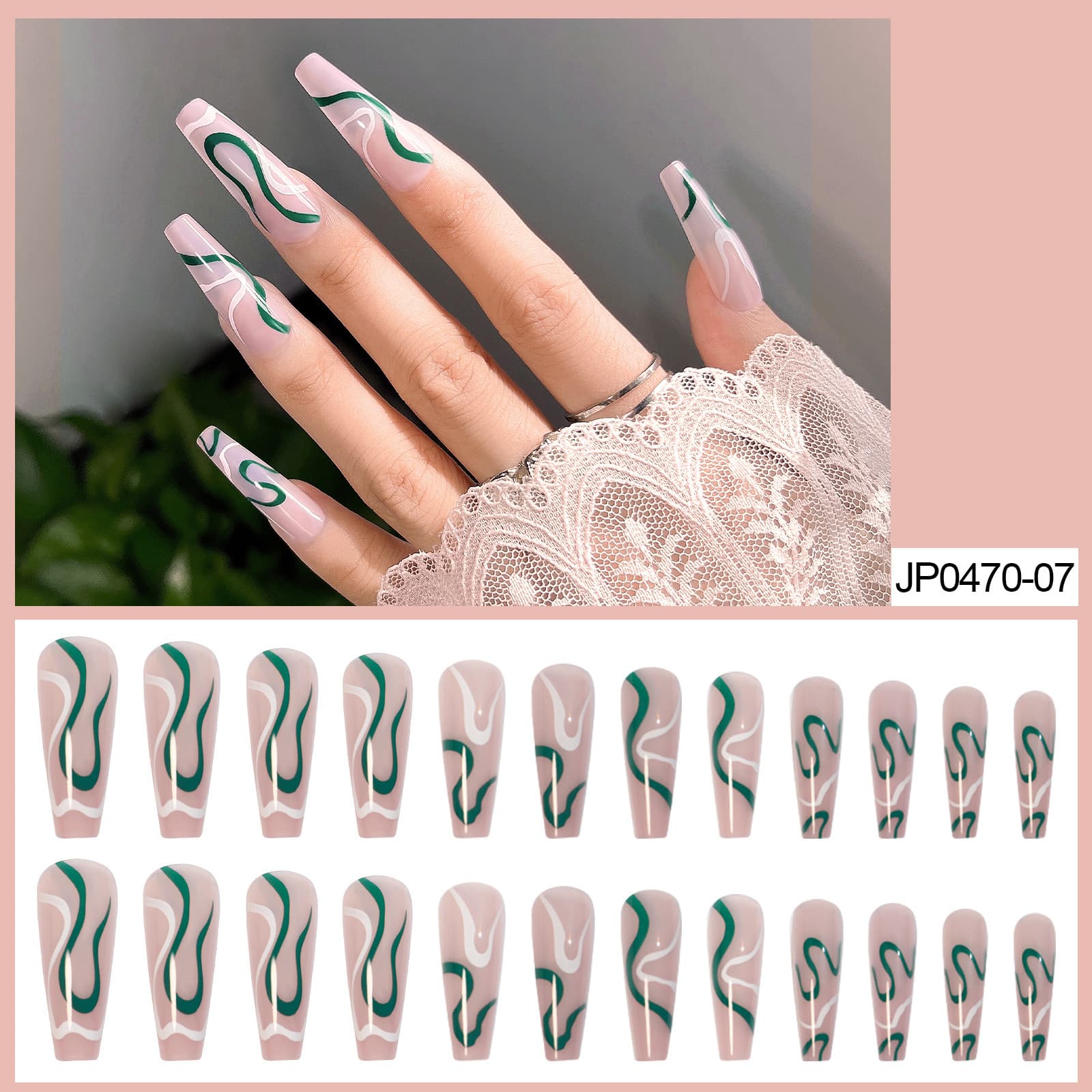 Wave Series Dark Green Contrast Press On Nail Fake Nail Stickers Removable Nail Tips