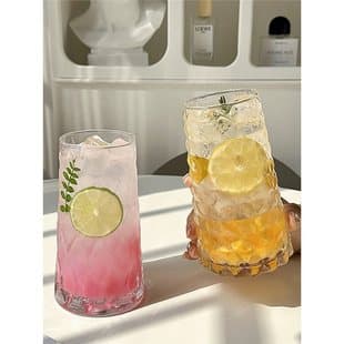 American-style glass cup for iced coffee, juice, fruit drinks, and summer beverages; diamond-shaped trendy cold coffee cup and tea cup