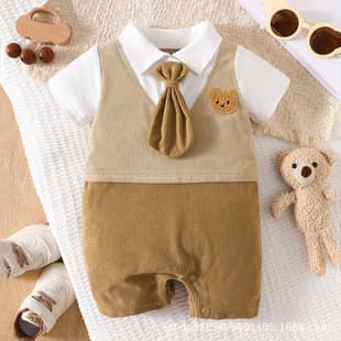 Khaki Gentleman Style Baby Bodysuit Boy Suit Bear Gentleman Bow Tie Short Sleeve Romper Cross-Border Children's Clothing