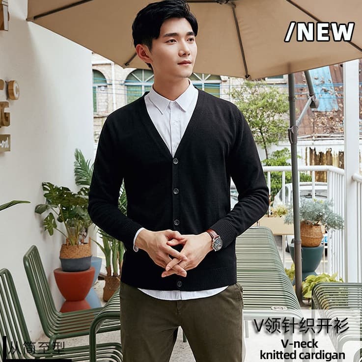 Wholesale men's autumn and winter 100% pure cotton men's sweater cardigan, slim fit long sleeve Korean style V-neck casual coat