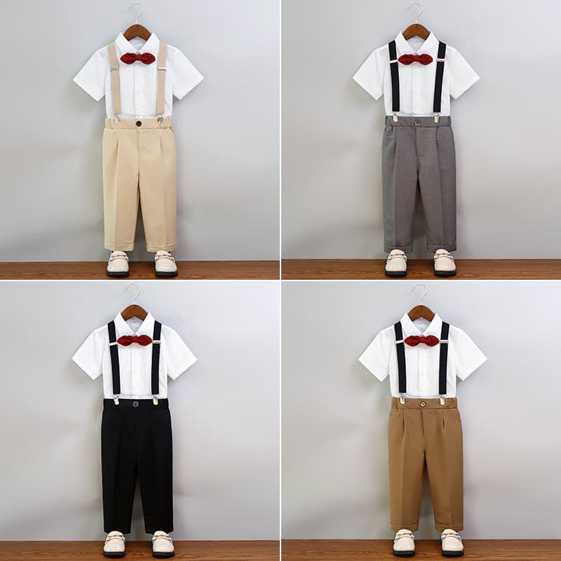 Boys Short Sleeve Suspender Pants Set Children Flower Boy Formal Suit Host Choir Recitation Stage Formal Performance Outfit