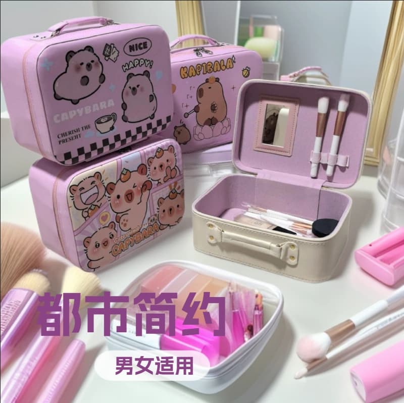Kuromi Cartoon Makeup Bag, Capybara Cosmetic Case, Waterproof Makeup Box with Mirror, Portable Storage