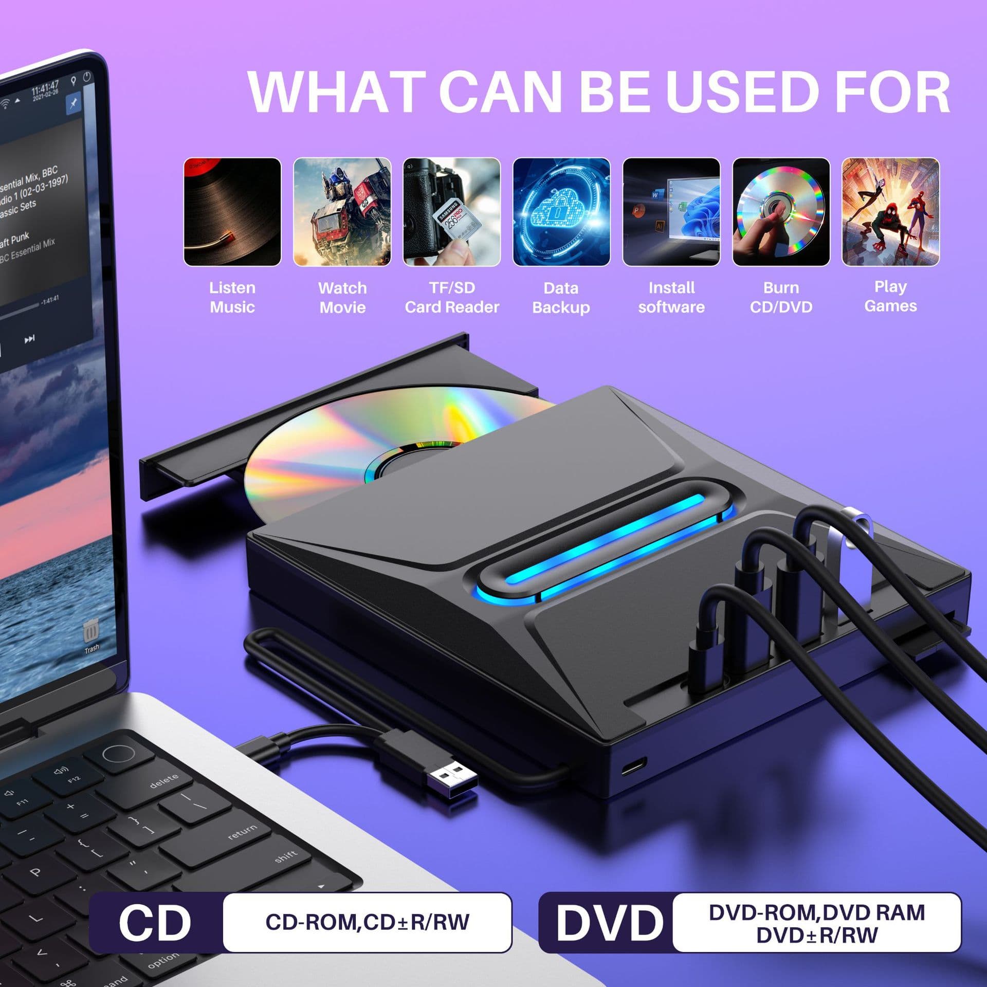 6-in-1 Multi-function USB External Optical Drive Burner Expansion Card Reader External Computer Laptop Burner Optical Drive