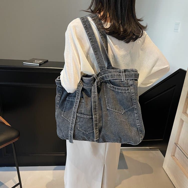 Cross-border Simple Large Capacity Washed Denim Tote Bag Casual Women's Shoulder Bag Outdoor Handbag Female Bag