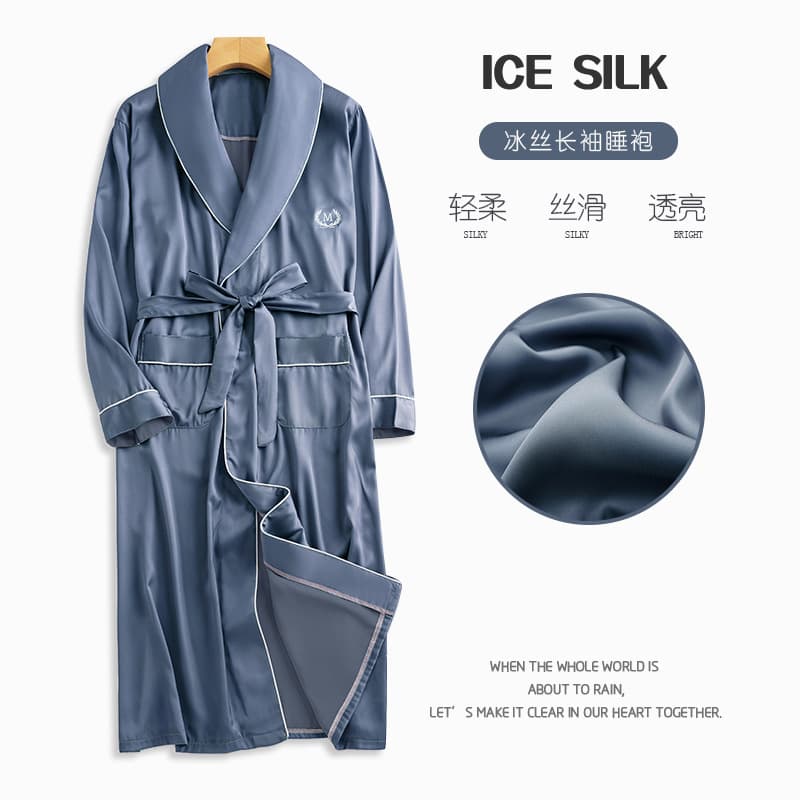 Men's Spring/Autumn Ice Silk Thin Pajamas Silk-Like Summer Long Plus Size Bathrobe Robe
