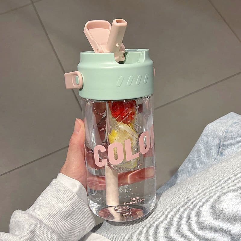 Handle Flower Tea Cup Large Capacity Water Bottle for Girls, High Aesthetics Portable Sports Graduated Straw Cup Student Carry-Along Mug