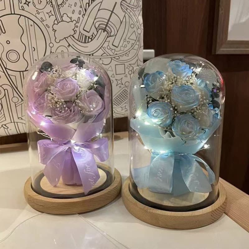Clear Glass Dust Cover with Base, Preserved Dried Flower Glass Dome, Birthday Gift, Love Expression, with LED Light Display Box