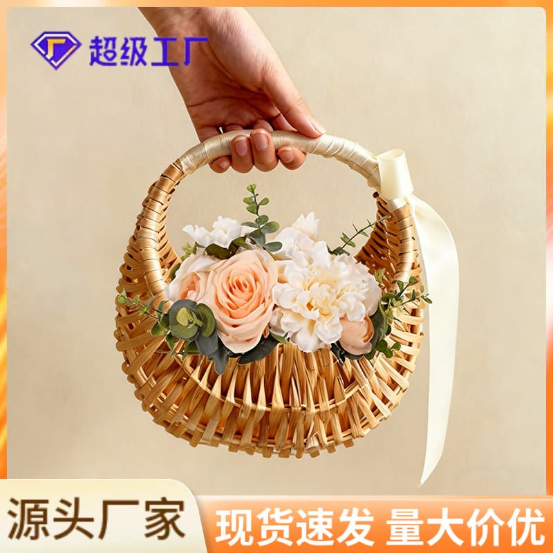 Willow Woven Crescent Handheld Flower Basket Picnic Handmade Rattan Bamboo Basket Storage Basket Wedding Petal Basket Cross-Border Wholesale