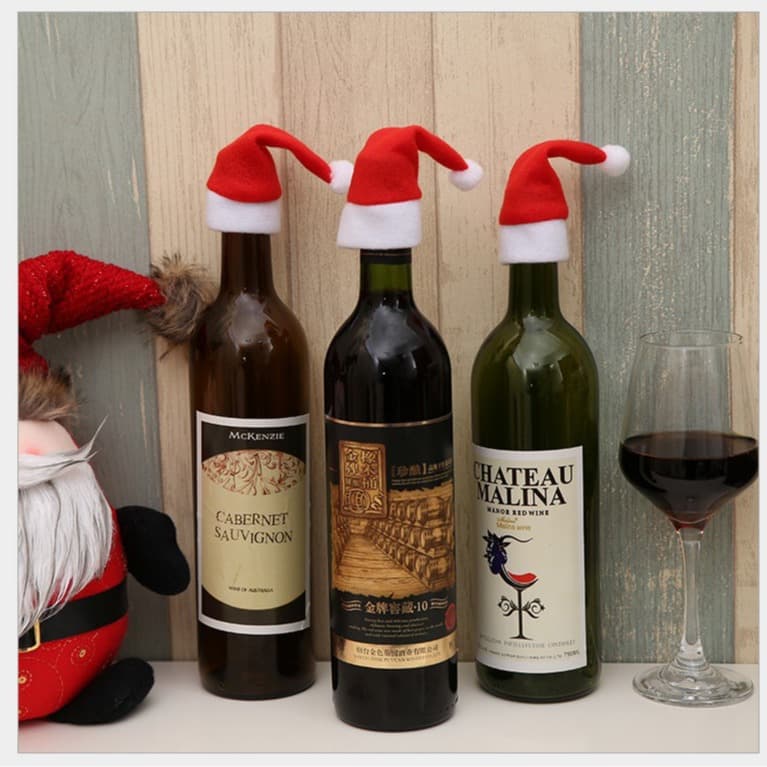 Christmas decorations, Santa hats, brushed hats, Santa hat cutlery covers, Christmas wine bottle decorations