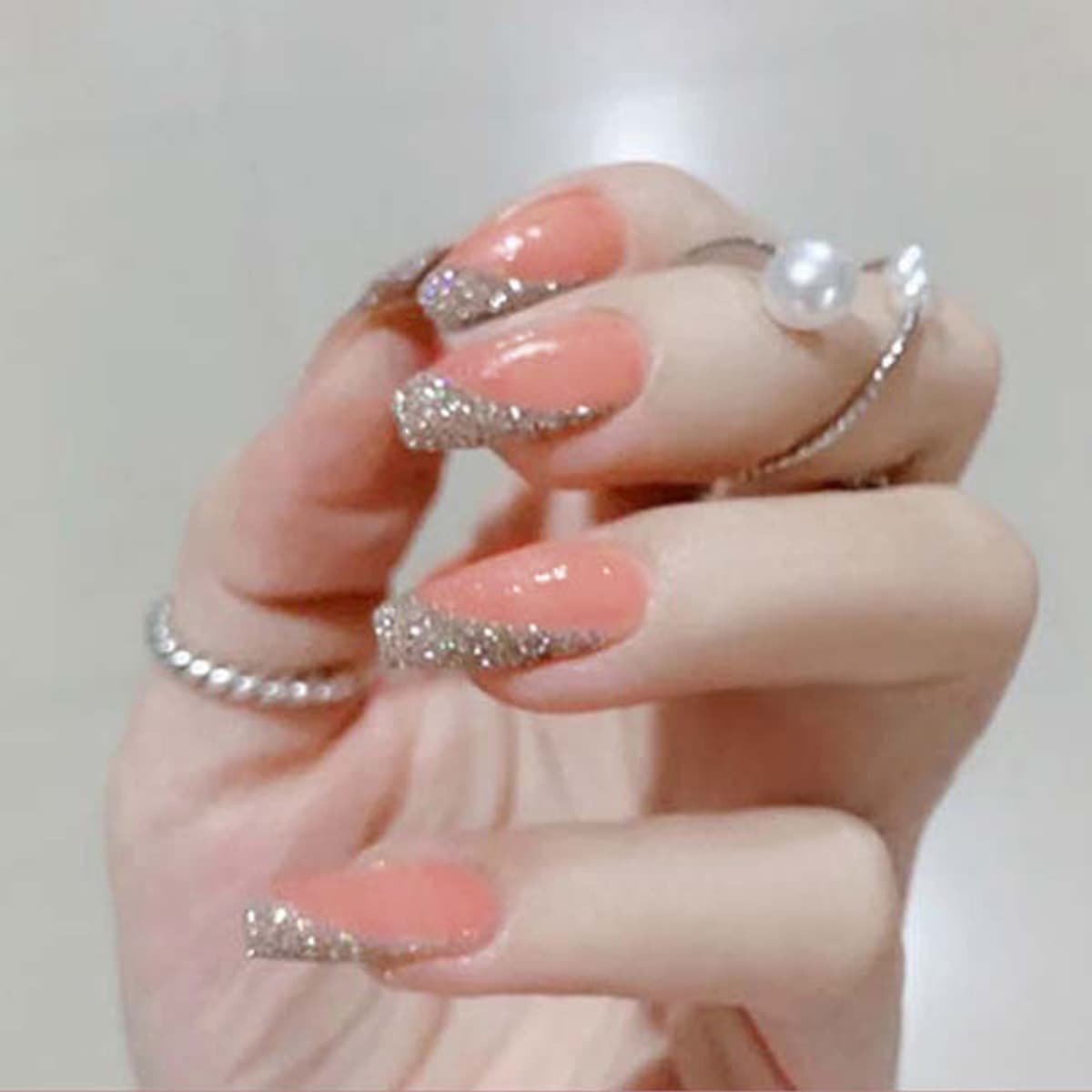 24PCS French With Drill Short Coffin Fake Nails