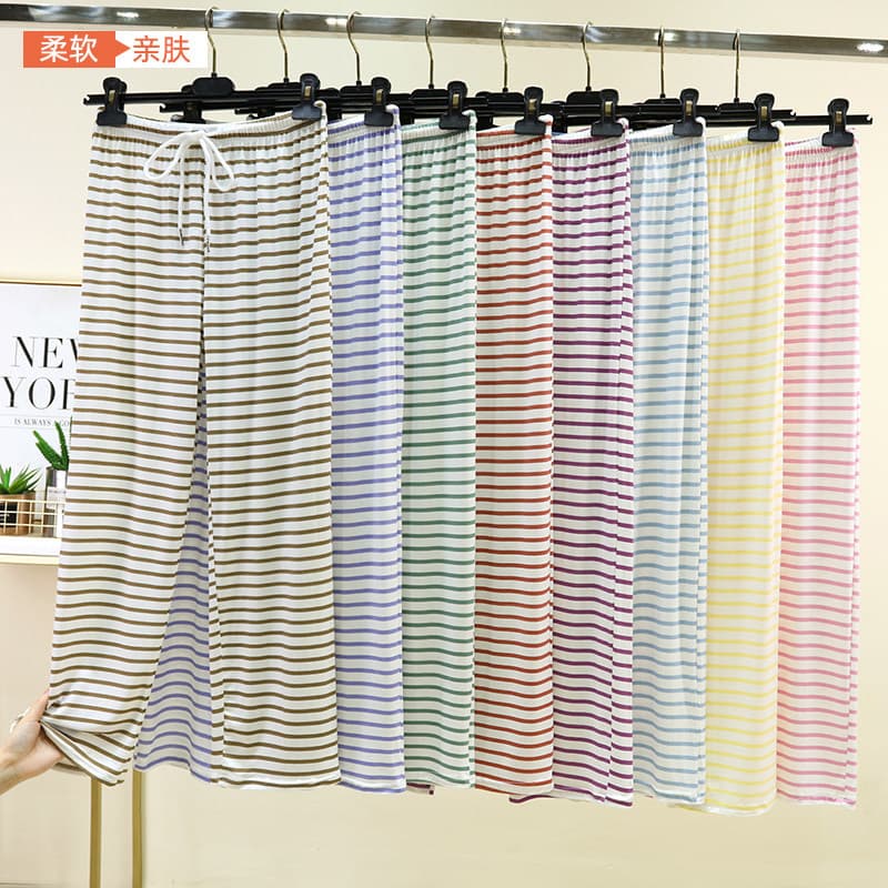 Modal Striped Casual Pants for Women, Summer Thin Loose Fit Home Pants, Plus Size Straight Leg Sleep Pants, Cool Feeling Long Pants for Petite