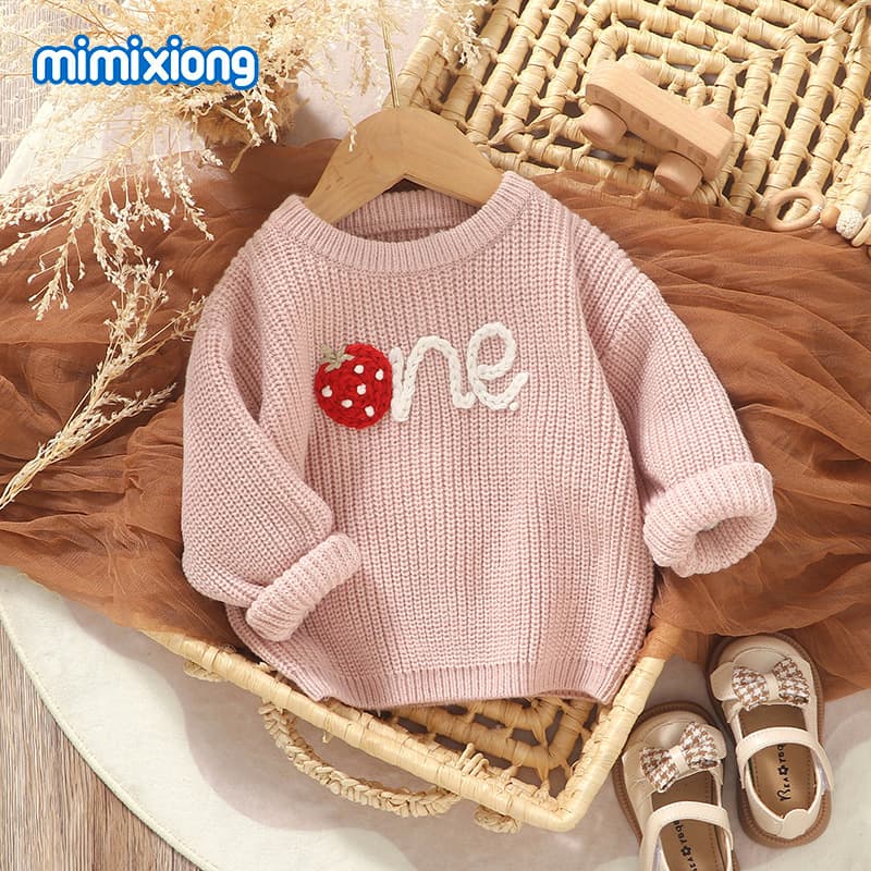 New Knitted Round Neck Pullover Top with Strawberry Embroidery Pattern for Baby Boys and Girls
