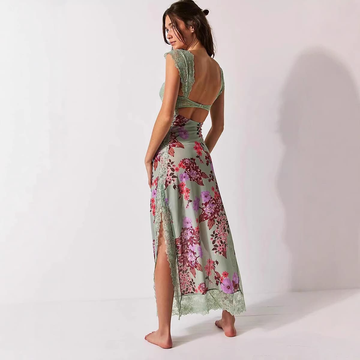 Summer New Lace Backless Split Flower Long Dress Women's High-grade Elegant Casual Fashion Mini Dress without Sleeve