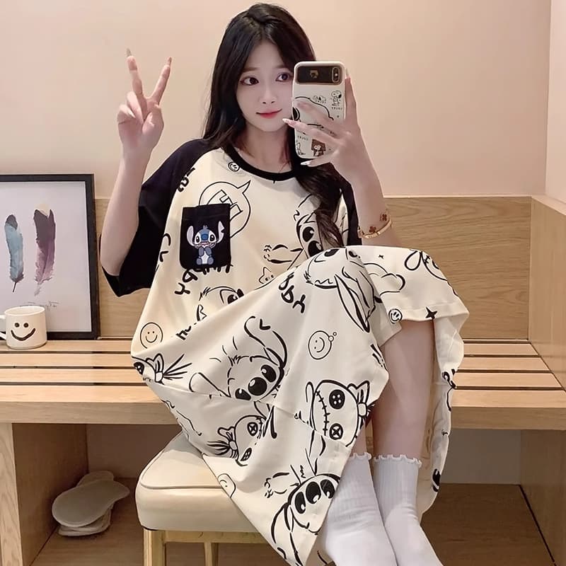 Summer Sleep Dress for Women Mid-Length 2026 New Style Thin Cartoon Sweet Cute Plus Size Pajama Homewear Can Be Worn Outside