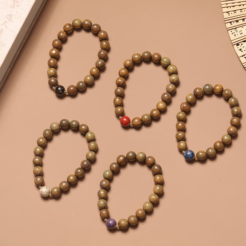 Factory direct sales of intangible cultural heritage mother-of-pearl lacquer with natural green sandalwood single circle design for men and women bracelets with Buddhist beads and cultural toy