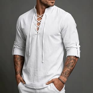 2026 AliExpress Summer Men's New Solid Long Sleeve T-Shirt, Versatile Stand Collar, Simple Drawstring Pullover Top