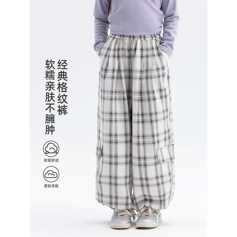 Girls Plaid Cargo Pants 2025 Spring/Autumn New Children Fashion Wide Leg Pants Outdoor Sports Casual Pants for Big Kids