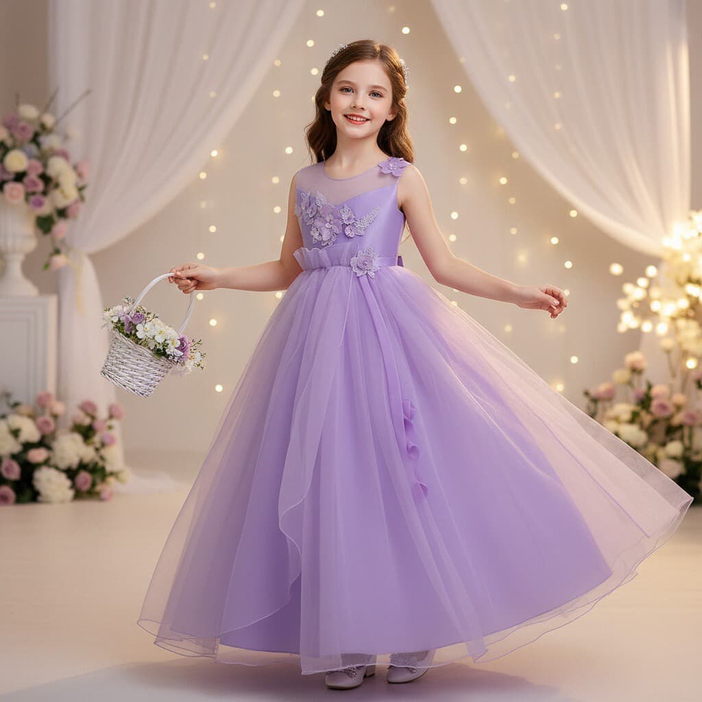 Princess Dress for Girls Floral Lace Skirt Piano Performance Costume Children's Party Dress Spring Autumn Winter Seasonal Wear