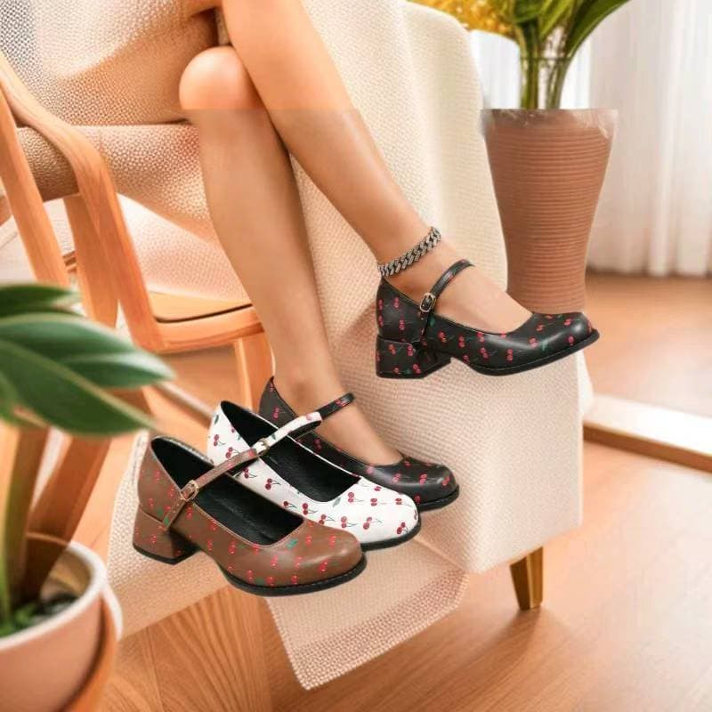 Cross-Border Foreign Trade European Size Cute Cherry-Shaped Chunky Heel Mary Jane Shoes for Women, Elegant Shallow Mouth High-Heeled Women's Shoes