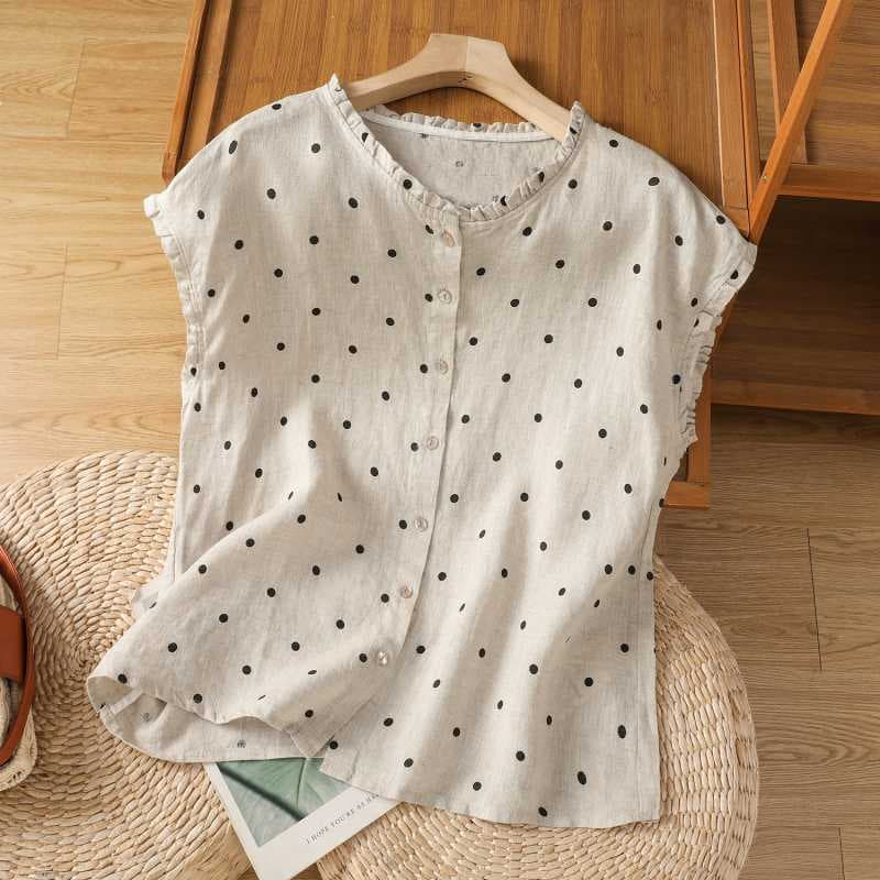Real Shot of 2025 Summer Retro Polka Dot Cotton and Linen Shirt, Feminine Fungus Collar Shirt, Summer Short-Sleeved Top