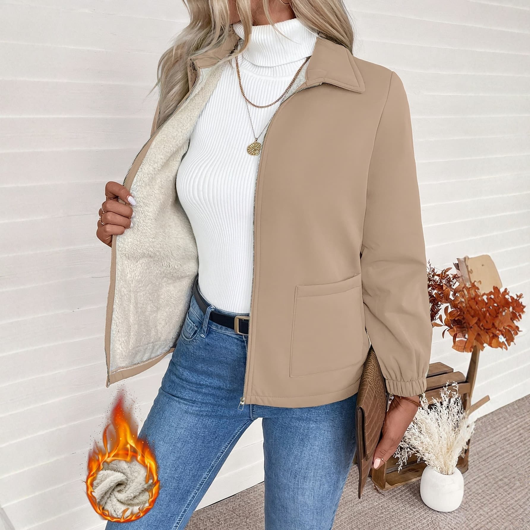 2025 Autumn and Winter New European and American Cross-Border Women's Clothing Velvet Short Lapel Zipper Jacket Women's Loose and Versatile Suit