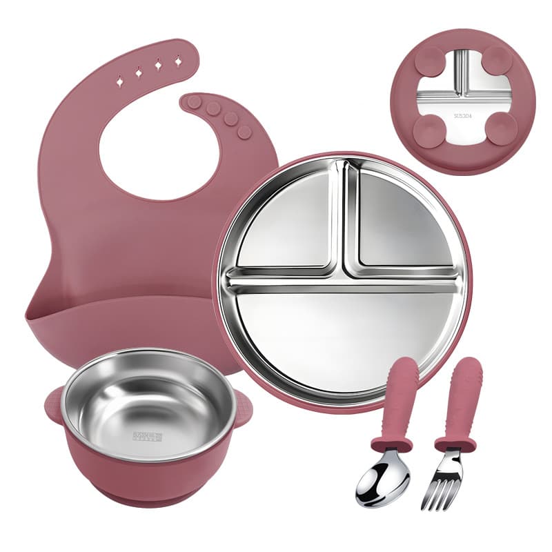 Baby Silicone Stainless Steel Dinnerware 5-Piece Set with Silicone Suction Base, Baby Food Feeding Set, Customizable