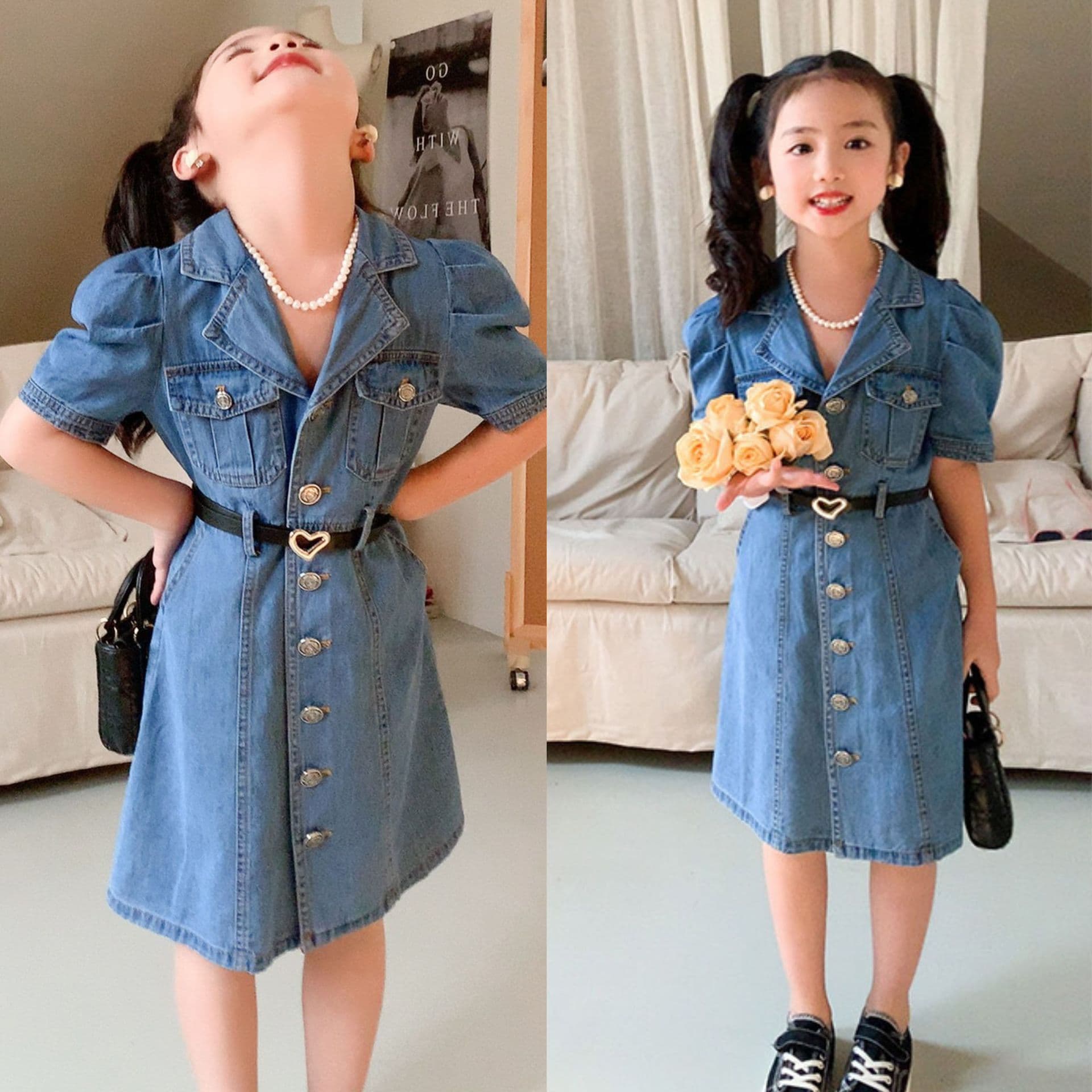 New summer style retro denim dress for girls with puff sleeves, perfect for toddlers. Drop shipping available.