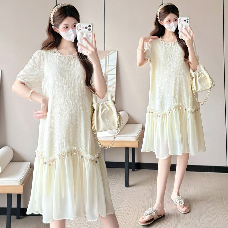 New Summer Loose Casual Maternity Dress with Lace Embroidery Shell Pendant Trim Mid-Length Maternity Dress