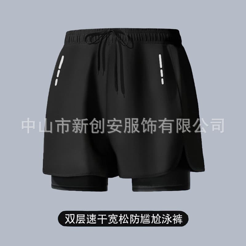 Custom Cross-Border Swim Trunks for Men, Loose Fit, Anti-Embarrassment Double-Layer, Quick-Dry Breathable, Suitable for Swimming and Hot Springs
