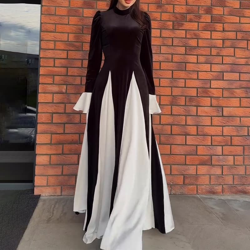 Cross-Border Dress Foreign Trade Women's Clothing 2025 Autumn New Sexy and Dignified Black and White Stitching Long Skirt for Women